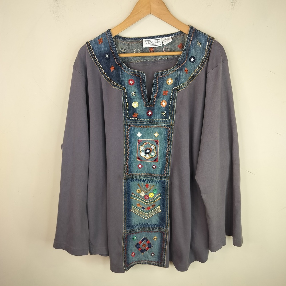 Venezia Gray Long Sleeve Top with Embroidered Denim Panel